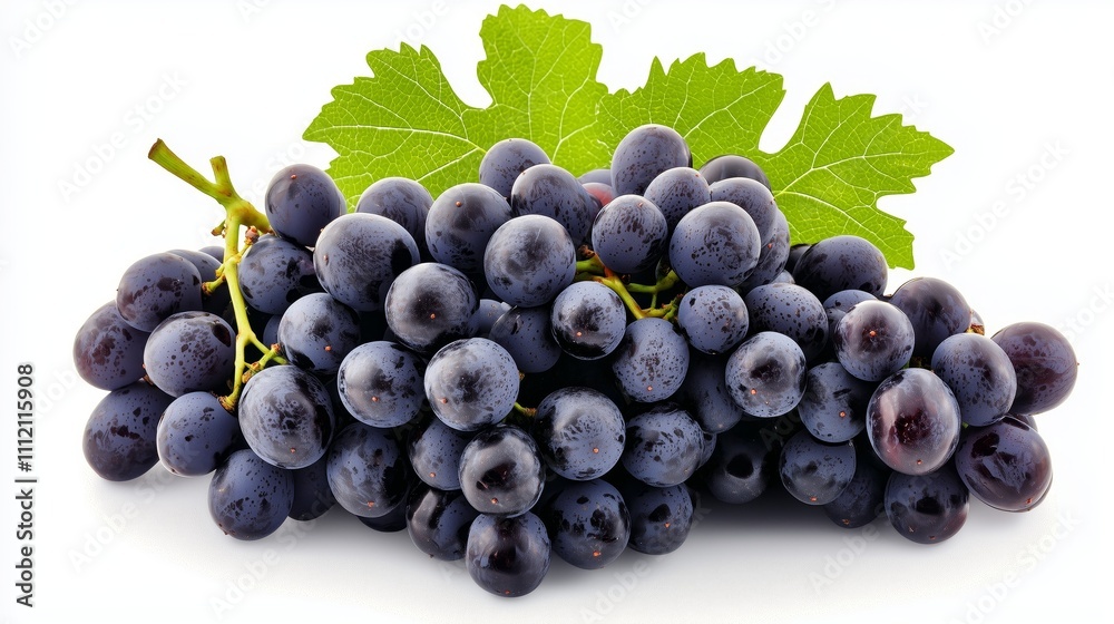 Fototapeta premium Cluster of Fresh Purple Grapes with Glossy Surface on White Background