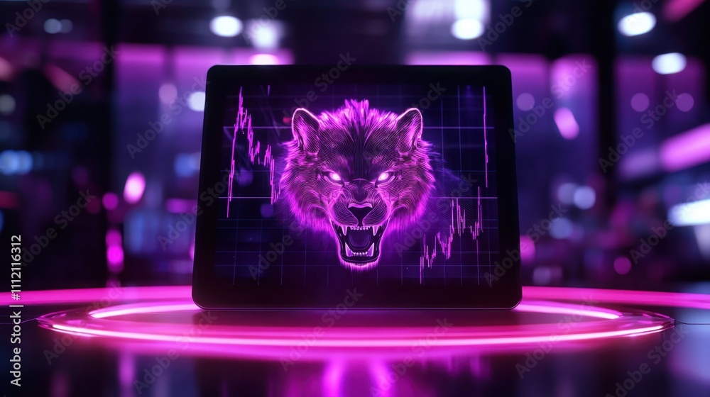 Fototapeta premium Tablet displaying a neon purple graphic of a snarling wolf's head superimposed on a financial chart with a futuristic, neon-lit background