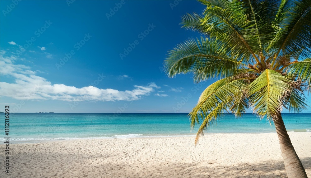 Beautiful tropical beach with palm trees, sunset beach seascape, design template for travel banner. Beautiful tropical beach with palm trees, sunset beach seascape, design template for travel banner.