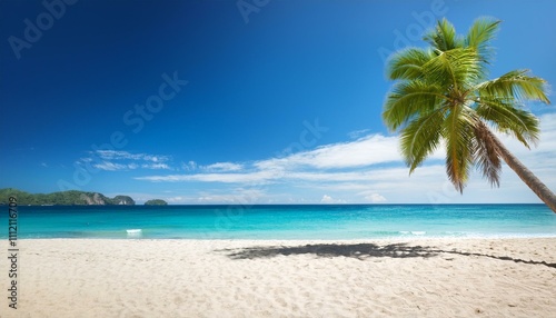 Beautiful tropical beach with palm trees, sunset beach seascape, design template for travel banner.