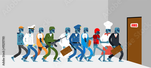 Robots are job seekers. Robots are at the labor exchange. Robot is looking for a job