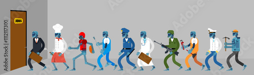 Robots are job seekers. Robots are at the labor exchange. Robot is looking for a job