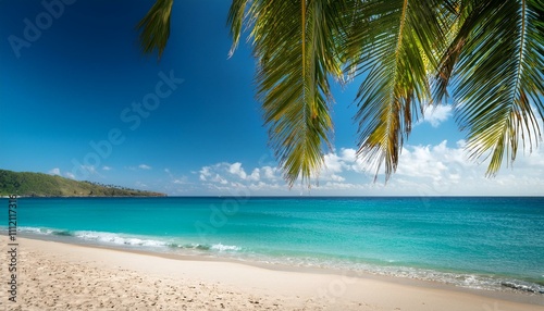 Beautiful tropical beach with palm trees  sunset beach seascape  design template for travel banner.