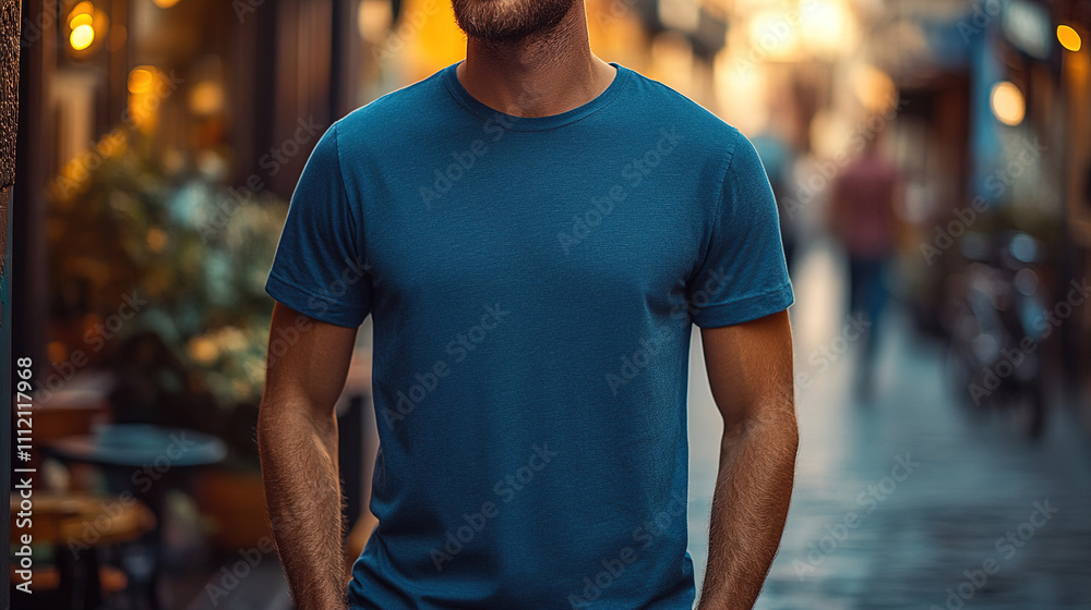 Man walks confidently through a charming alleyway illuminated by warm streetlights in the evening. Generative AI