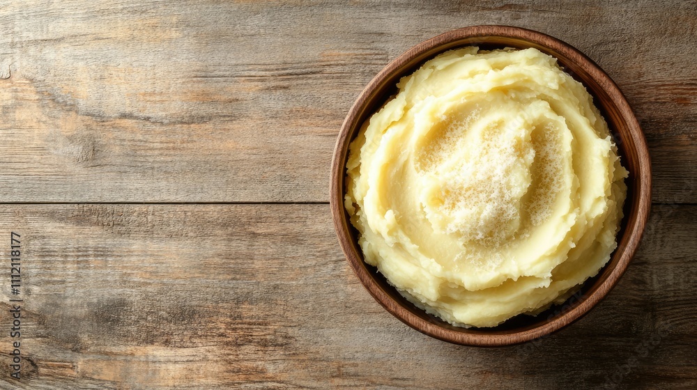 Creamy Mashed Potatoes in a Rustic Bowl on a Wooden Surface Creamy Mashed Potatoes in a Rustic Bowl on a Wooden Surface