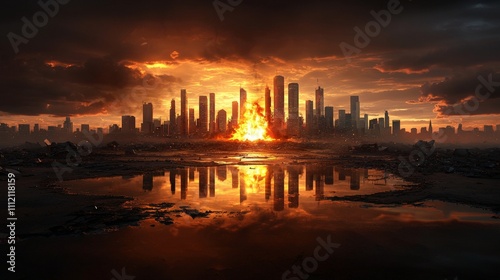 Fototapeta Naklejka Na Ścianę i Meble -  nuclear war  military catastroph concept. Dramatic city skyline engulfed in flames at sunset.