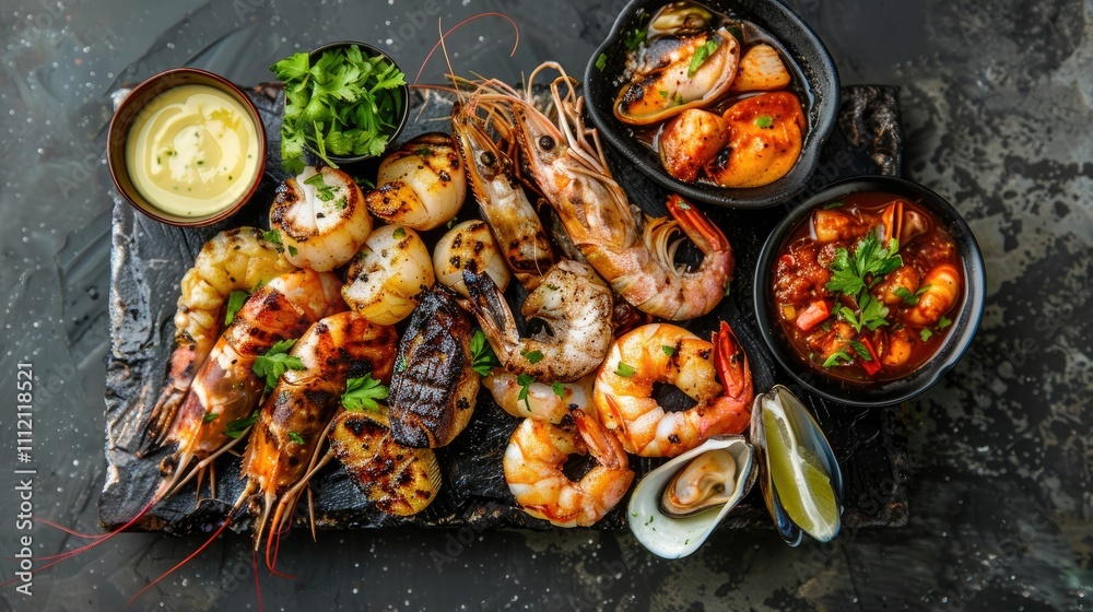 Grilled Seafood Platter with Fresh Shellfish and Spicy Sauce Grilled Seafood Platter with Fresh Shellfish and Spicy Sauce