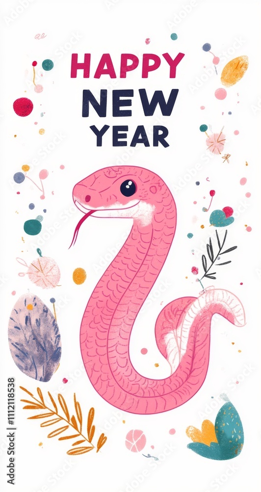 Cute snake in pink and white pastel colors with New Year decorations and Cute snake in pink and white pastel colors with New Year decorations and
