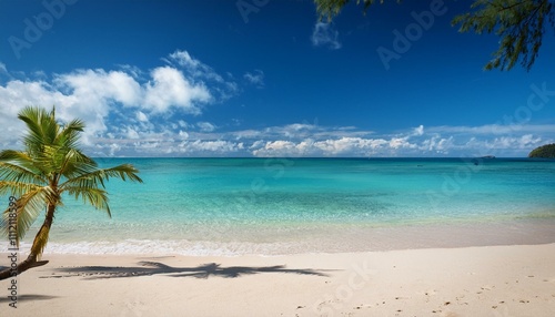 Beautiful tropical beach with palm trees, sunset beach seascape, design template for travel banner.