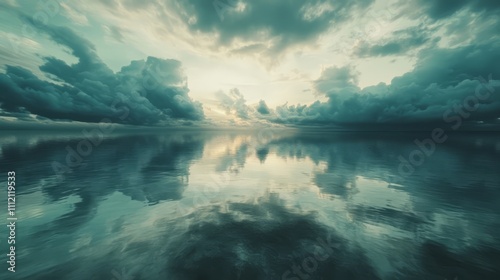 Dramatic cloudscape reflected in calm water.