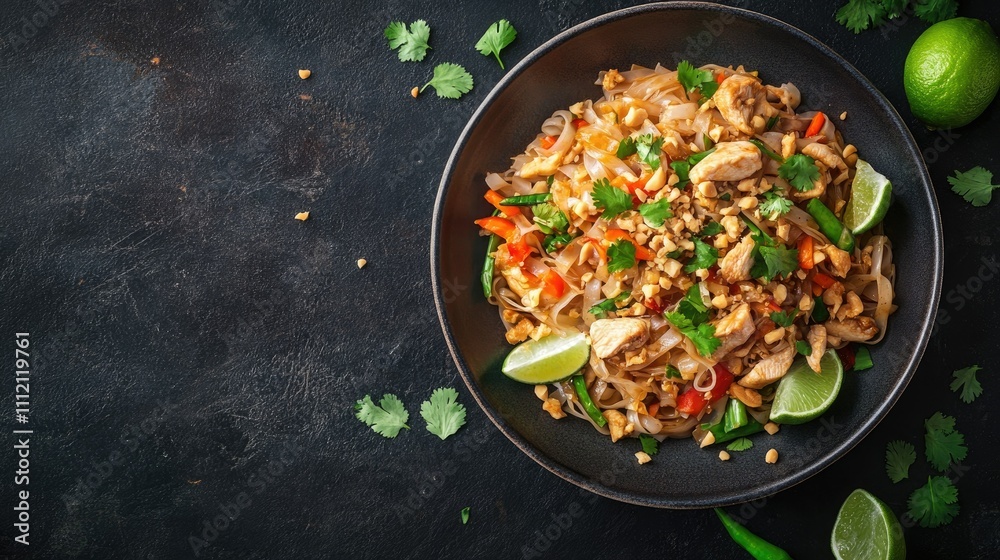 Fresh Chicken Pad Thai with Vegetables and Lime on Dark Background Fresh Chicken Pad Thai with Vegetables and Lime on Dark Background