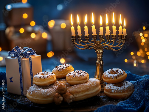 Hanukkah Festive Illustration: Donuts, Candles, and Gifts photo