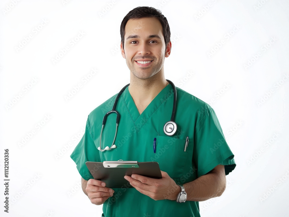 nurse in green scrubs with caring expression holds clipboard. nurse in green scrubs with caring expression holds clipboard.