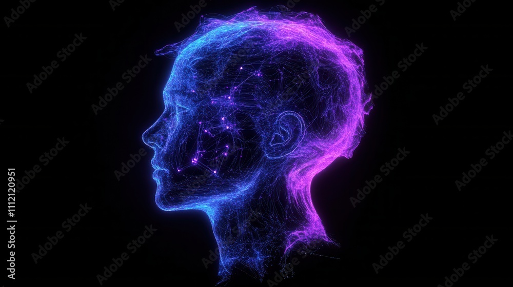 Mind's Abstract Silhouette: A captivating, abstract silhouette of a human head against a stark backdrop, rendered in vibrant neon hues, suggesting the intricate world of thoughts and consciousness. Mind's Abstract Silhouette: A captivating, abstract silhouette of a human head against a stark backdrop, rendered in vibrant neon hues, suggesting the intricate world of thoughts and consciousness.