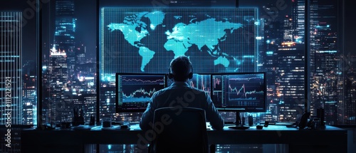 Wallpaper Mural An investor at home monitoring the stock market, emotional expressions, big bull displayed on the computer screen, dramatic lighting and shadows Torontodigital.ca
