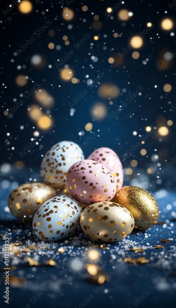 Sparkling Easter Magic Pastel and Golden Eggs Nestled in Glittering Confetti on Blue Background Sparkling Easter Magic Pastel and Golden Eggs Nestled in Glittering Confetti on Blue Background