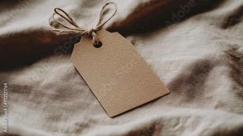 Blank craft tag on burlap fabric ready for labeling or crafting projects photo