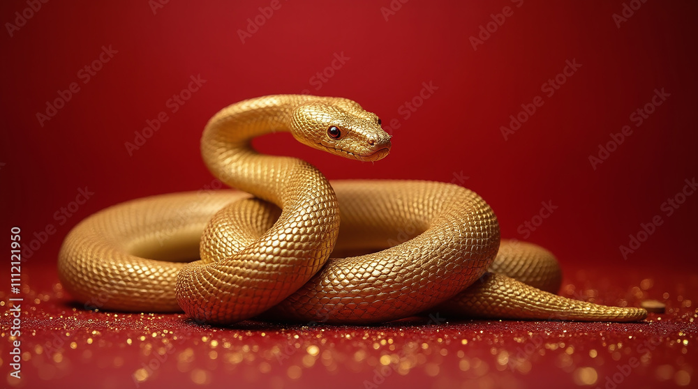 Golden Snake Elegantly Coiled against Bright Red Clean Background with Sparkles, Glitter and Bokeh Lights, Chinese New Year of Snake Golden Snake Elegantly Coiled against Bright Red Clean Background with Sparkles, Glitter and Bokeh Lights, Chinese New Year of Snake