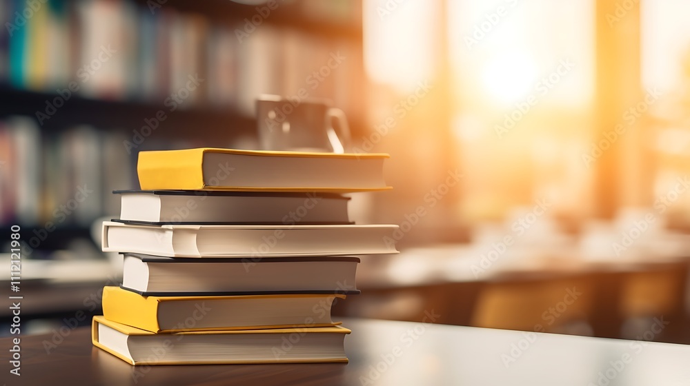 Stack of Books on a Table near Bookshelves Stack of Books on a Table near Bookshelves