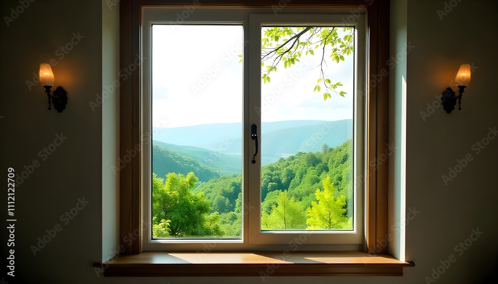 A calm view through the window, overlooking green hills and distant trees A calm view through the window, overlooking green hills and distant trees