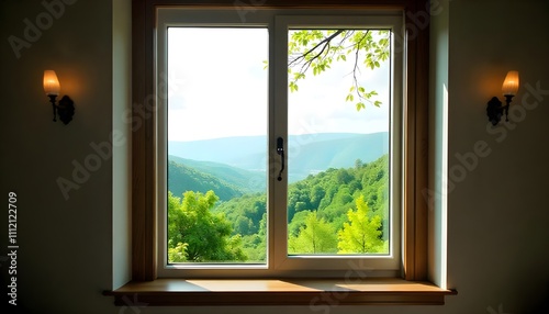 A calm view through the window  overlooking green hills and distant trees