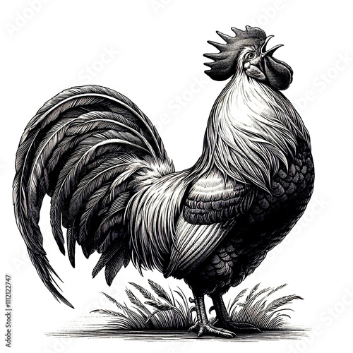 Rooster crowing at dawn, sketch engraving raster illustration.
