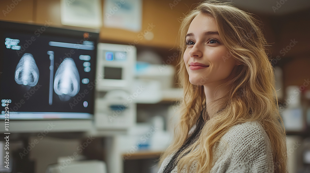 Young woman smiles confidently while reviewing medical scans in a modern clinic environment. Generative AI Young woman smiles confidently while reviewing medical scans in a modern clinic environment. Generative AI