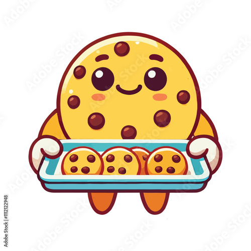 cartoon cookie character holding a tray of freshly baked cookies