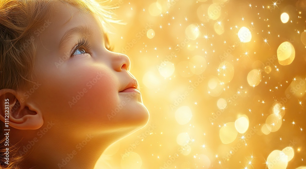 Fototapeta premium Starlit Dreams: Enchanting Portrait of a Child Amid Golden Christmas Lights