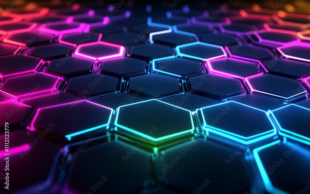 Abstract futuristic background with colorful glowing hexagons on a dark blue background, Abstract futuristic background with colorful glowing hexagons on a dark blue background,