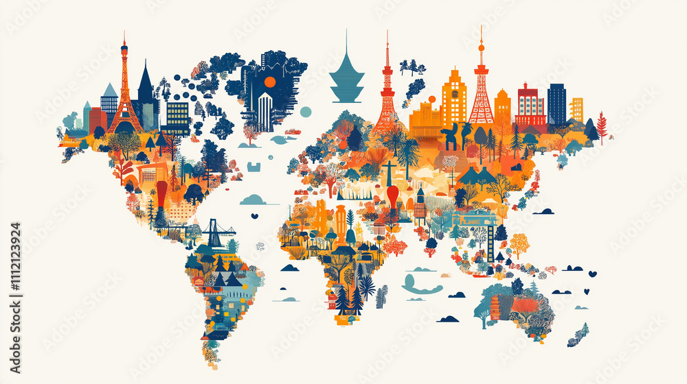 Obraz premium World Map of Iconic Landmarks: A vibrant illustration of the world map adorned with iconic landmarks from various continents, symbolizing global interconnectedness and travel adventures.