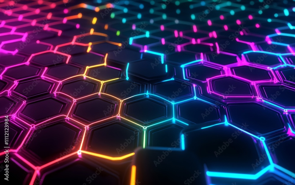 Abstract futuristic background with colorful glowing hexagons on a dark blue background, Abstract futuristic background with colorful glowing hexagons on a dark blue background,