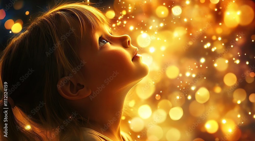 Starlit Dreams: Enchanting Portrait of a Child Amid Golden Christmas Lights






