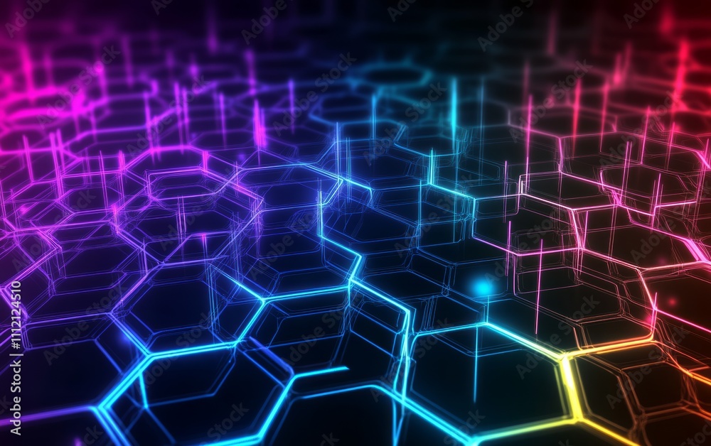 Abstract futuristic background with colorful glowing hexagons on a dark blue background, 