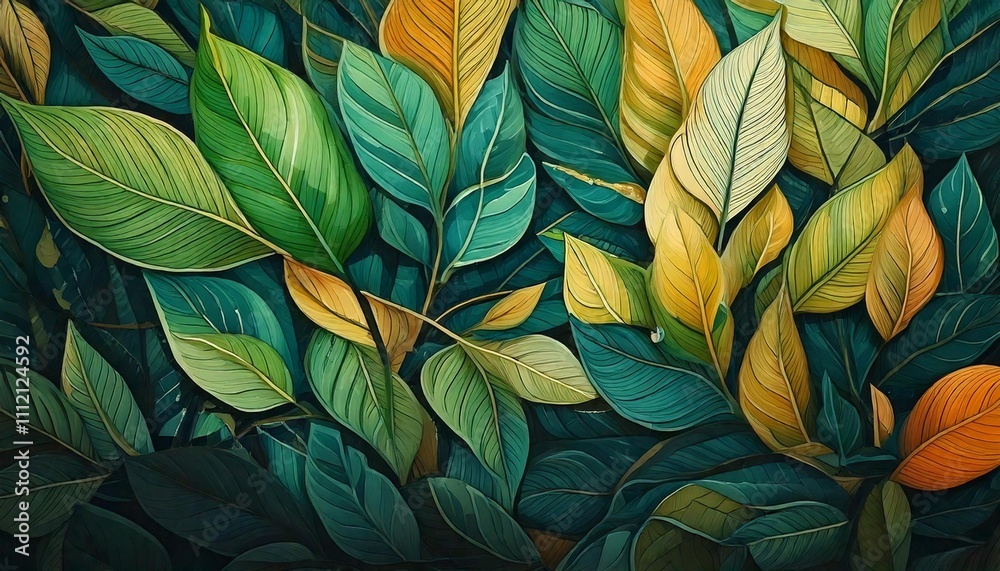 custom made wallpaper toronto digitalA modern, minimalistic leaf wallpaper design with abstract leaves in muted tones of green and gold, evoking a serene, nature-inspired atmosphere