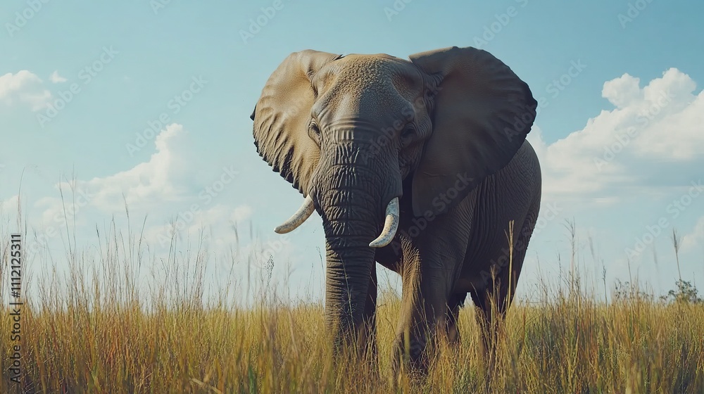 Obraz premium Majestic African elephant walking in tall savanna grass under a blue sky.
