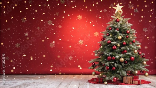 Christmas background with xmas tree and sparkle bokeh lights on red canvas background. Merry christmas card. Winter holiday theme. Happy New Year. Space for text