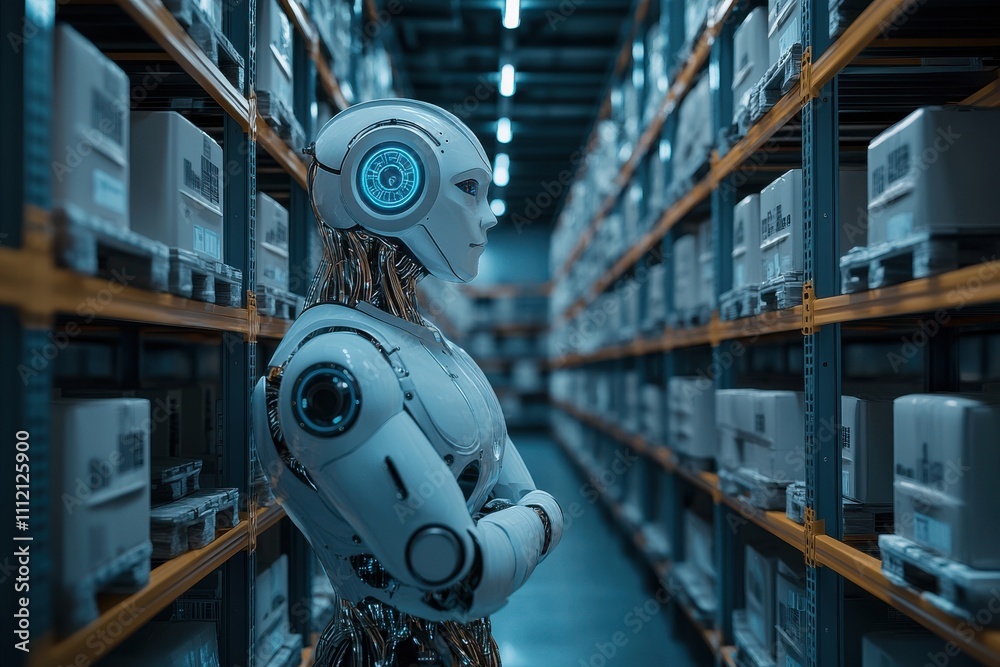A robot is standing in a warehouse with shelves full of boxes A robot is standing in a warehouse with shelves full of boxes