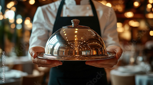 Waiter presenting a silver cloche with a gourmet dish in a fine dining restaurant during evening hours. Generative AI