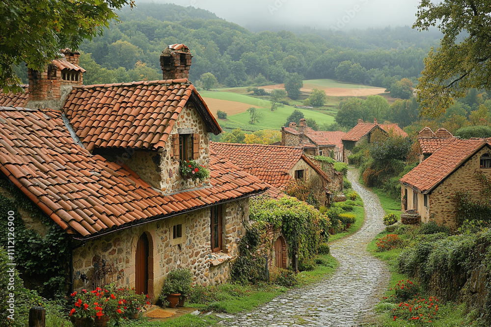 Stone Houses Tile Roofs Hillside Village Scene Stone Houses Tile Roofs Hillside Village Scene