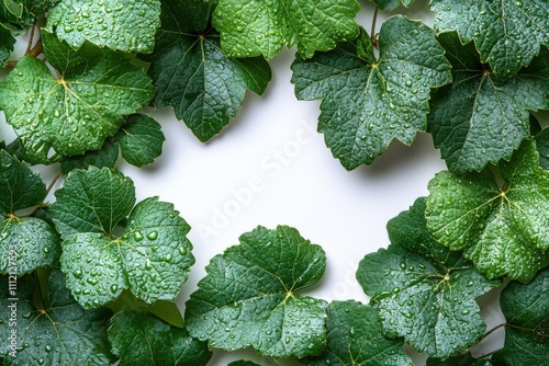 Lush green grape leaves with water droplets arranged in a frame on a white background. Perfect for natural, organic, and healthy themes. photo