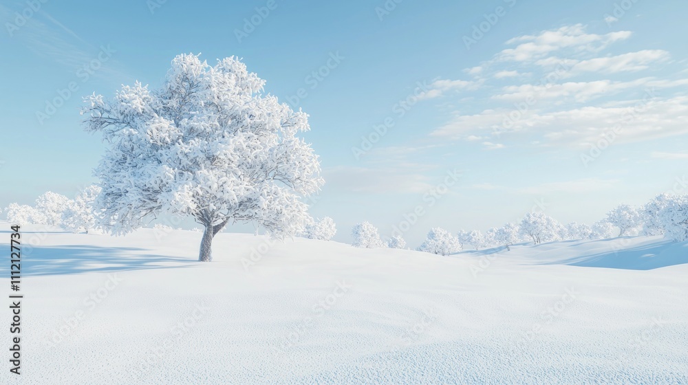 Fototapeta premium Solitude and Resilience: A Lone Snow-Covered Tree in Vast Winter Landscape