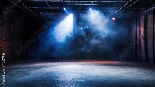 Moody industrial space bathed in blue and orange stage lighting.  A dramatic  atmospheric setting perfect for a concert or photoshoot.