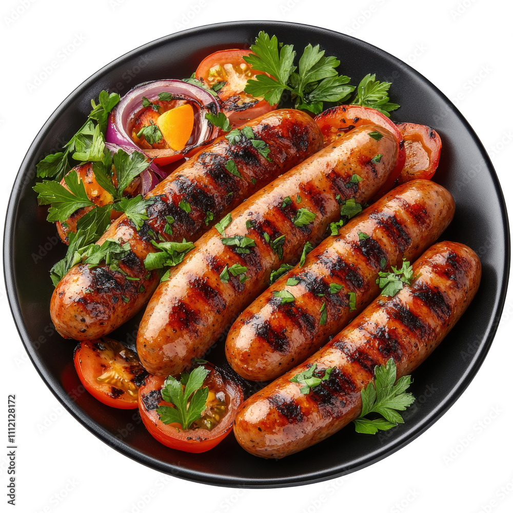Grilled Sausages with Fresh Vegetables on a Black Plate Grilled Sausages with Fresh Vegetables on a Black Plate