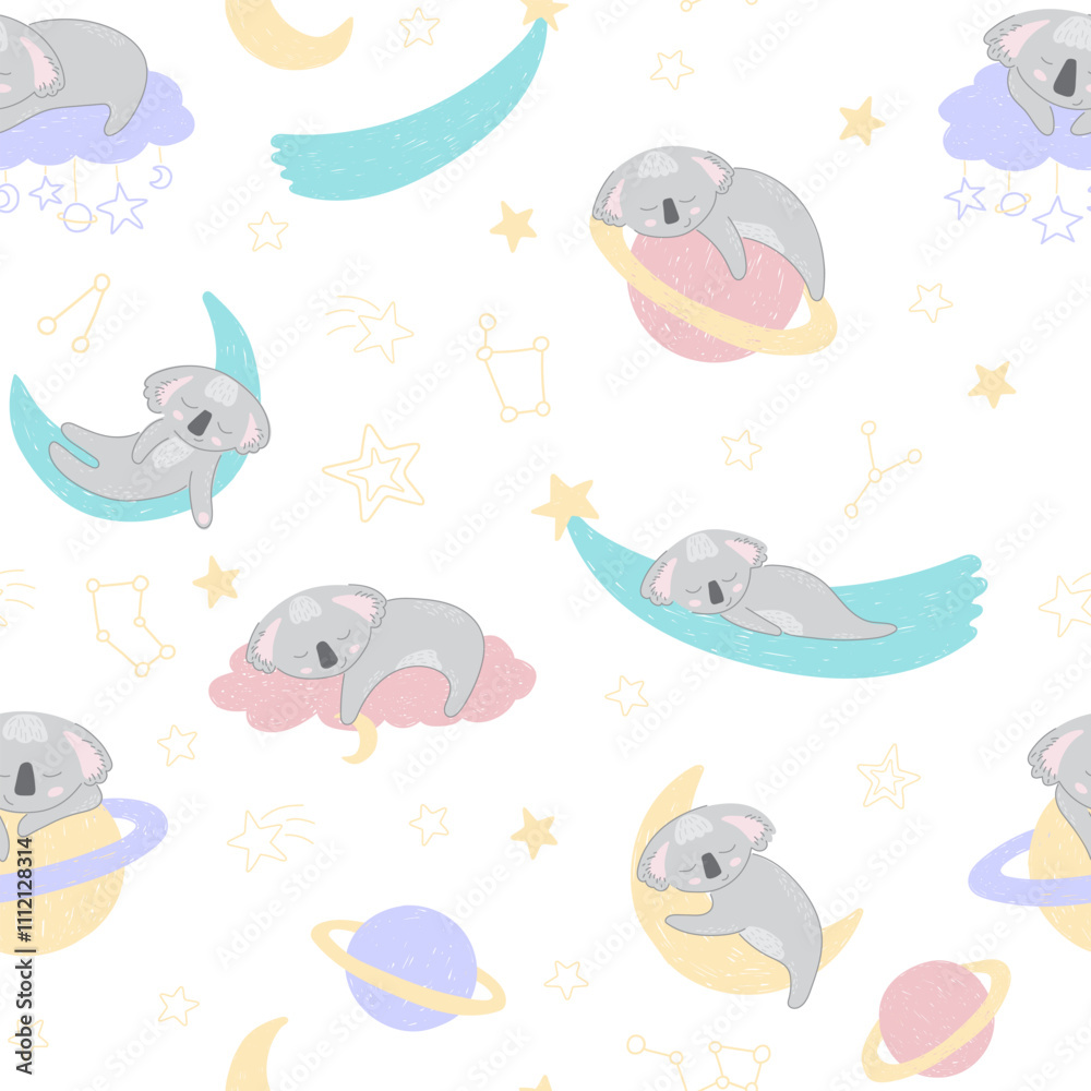 Adorable sleeping koalas in space on white background. Vector seamless pattern with Australian bear. Cute childish bed linen design. Hand drawn marsupials for kids scrapbooking. Nursery wallpaper. Adorable sleeping koalas in space on white background. Vector seamless pattern with Australian bear. Cute childish bed linen design. Hand drawn marsupials for kids scrapbooking. Nursery wallpaper.