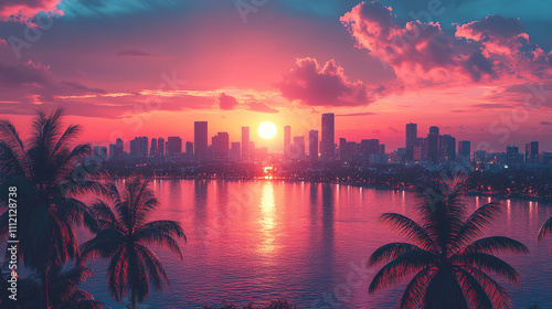 Vibrant sunset over a city skyline reflecting on the water with palm trees in the foreground. Generative AI