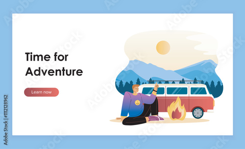 Time for adventure landing page. Man roasts marshmallows on fire near van. Active lifestyle, hiking and camping. Travel and tourism. Flat vector illustration