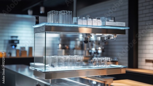 Sleek Contemporary Molecular Gastronomy Equipment: Transparent Glass Shelving and Precision Stainless Steel Risers in a Lab-Inspired Boutique with Clinical Lighting.