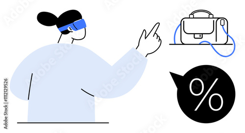 Person using VR headset points at bag icon and percentage symbol. Ideal for e-commerce, virtual reality, shopping, futuristic retail, discounts, digital transformations, marketing strategies. Line