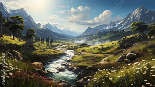 Serene mountain valley river landscape with wildflowers and green meadows under a bright sunny sky.